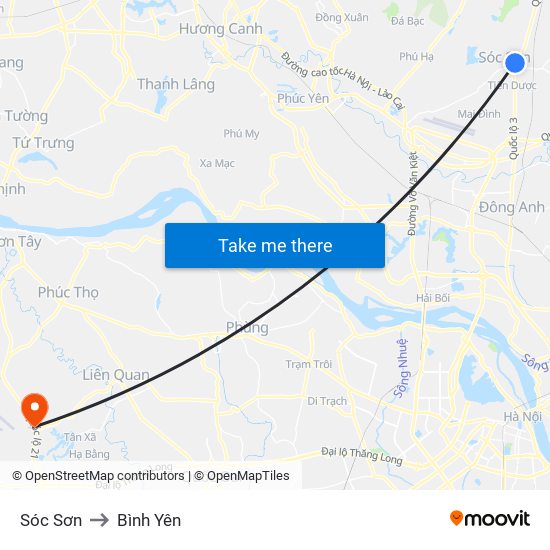 Sóc Sơn to Bình Yên map