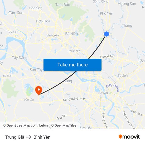 Trung Giã to Bình Yên map