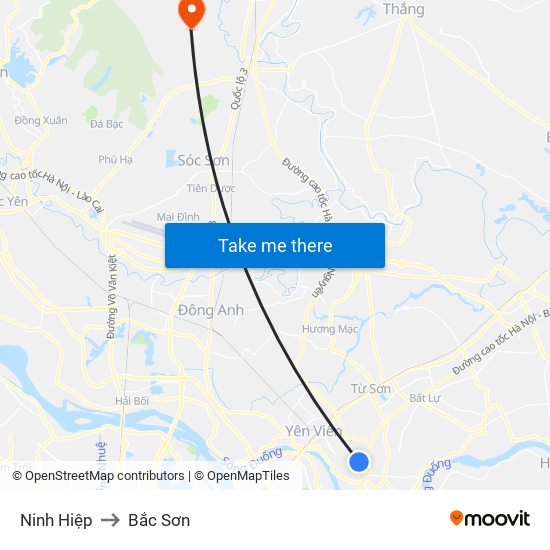 Ninh Hiệp to Bắc Sơn map