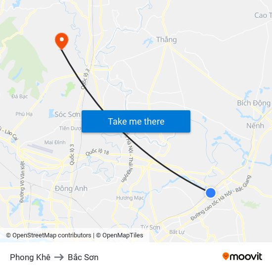 Phong Khê to Bắc Sơn map