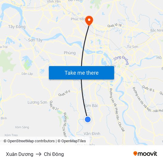 Xuân Dương to Chi Đông map