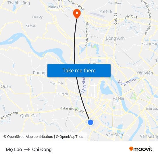 Mộ Lao to Chi Đông map