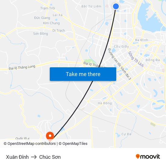 Xuân Đỉnh to Chúc Sơn map