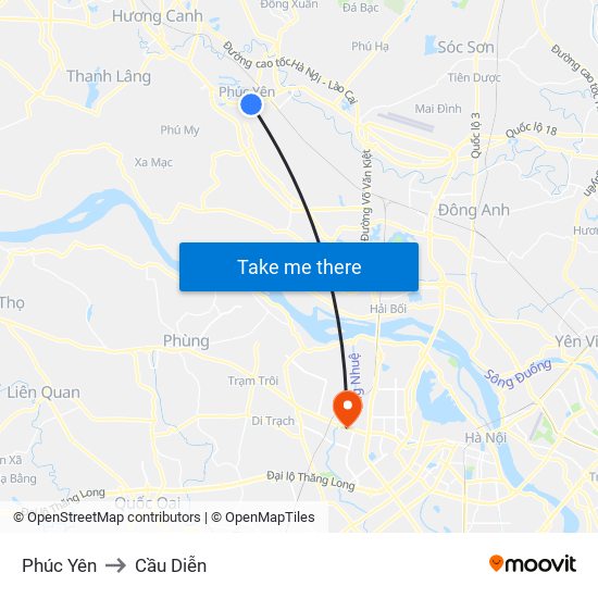 Phúc Yên to Cầu Diễn map