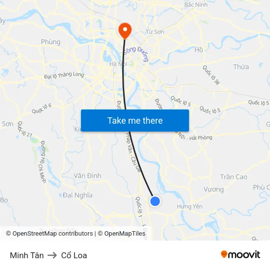 Minh Tân to Cổ Loa map