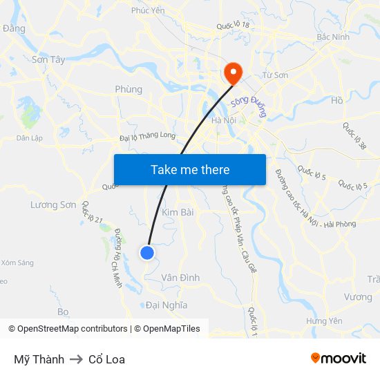 Mỹ Thành to Cổ Loa map