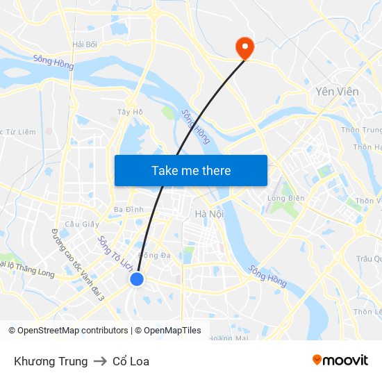 Khương Trung to Cổ Loa map