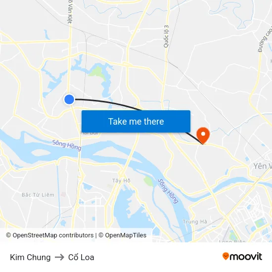 Kim Chung to Cổ Loa map