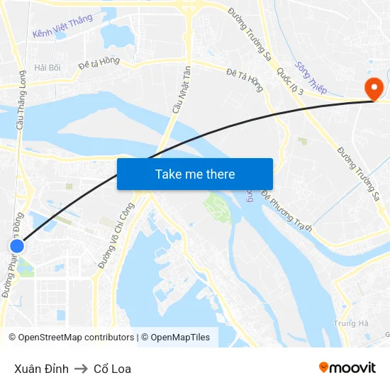 Xuân Đỉnh to Cổ Loa map