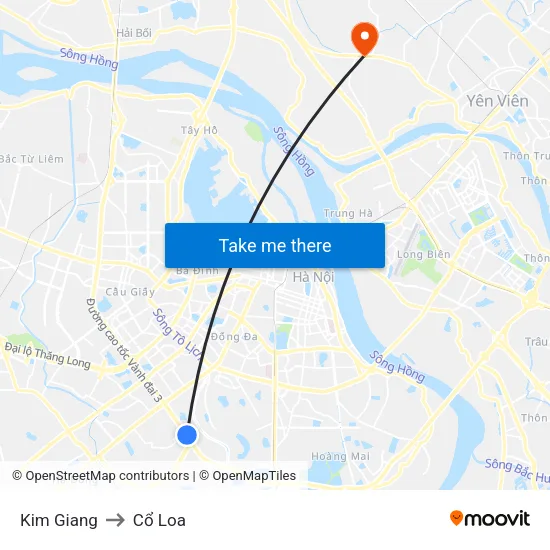 Kim Giang to Cổ Loa map