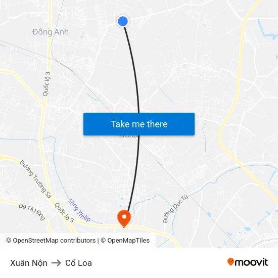 Xuân Nộn to Cổ Loa map