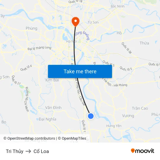 Tri Thủy to Cổ Loa map