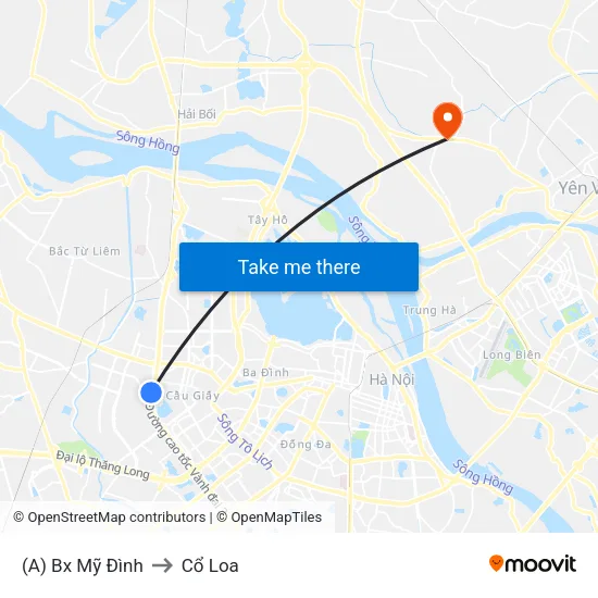 (A) Bx Mỹ Đình to Cổ Loa map