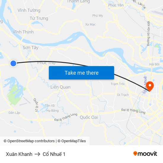 Xuân Khanh to Cổ Nhuế 1 map