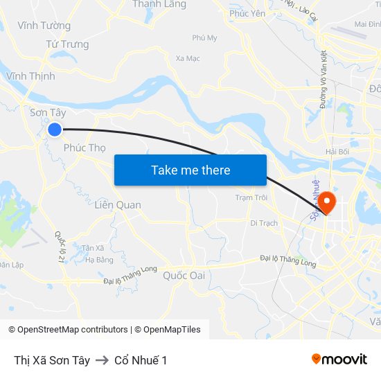 Thị Xã Sơn Tây to Cổ Nhuế 1 map