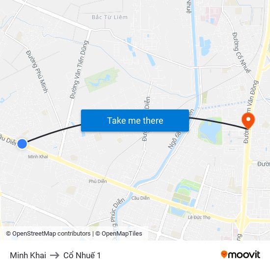 Minh Khai to Cổ Nhuế 1 map