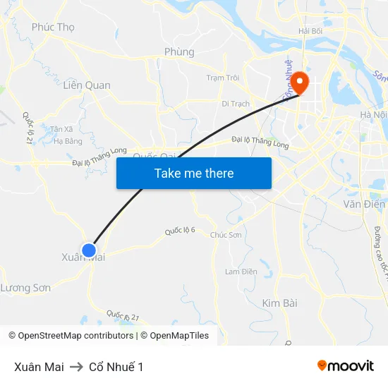 Xuân Mai to Cổ Nhuế 1 map