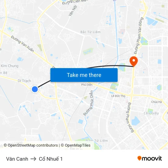 Vân Canh to Cổ Nhuế 1 map