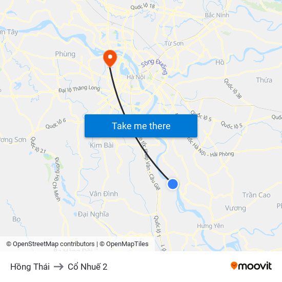 Hồng Thái to Cổ Nhuế 2 map