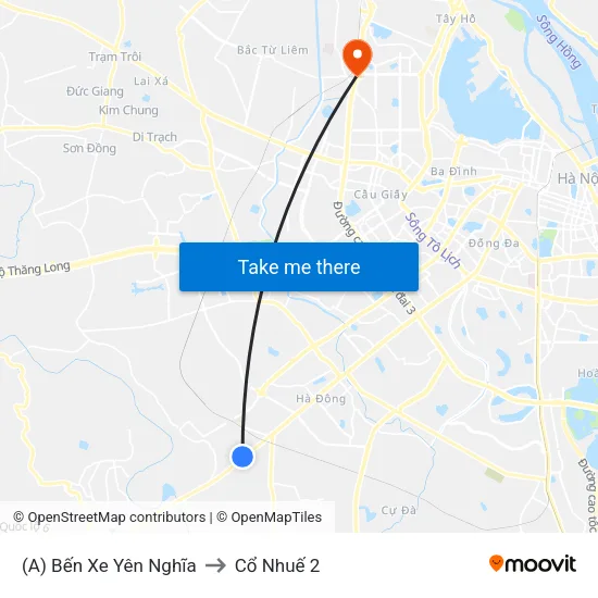 (A) Bến Xe Yên Nghĩa to Cổ Nhuế 2 map