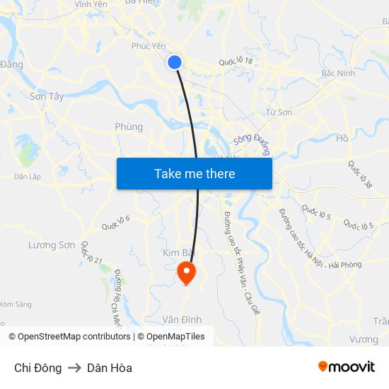 Chi Đông to Dân Hòa map