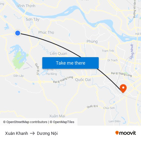 Xuân Khanh to Dương Nội map