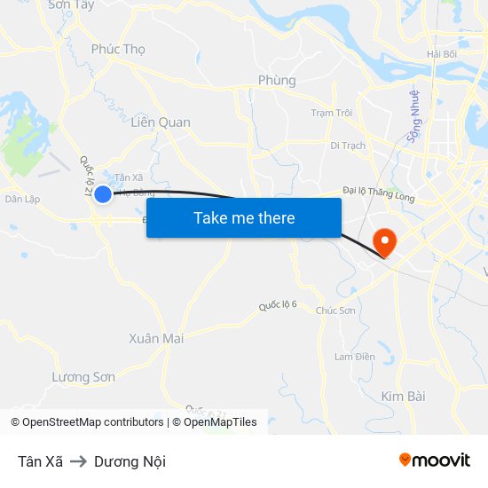 Tân Xã to Dương Nội map