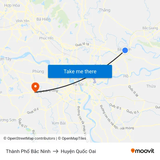 Thành Phố Bắc Ninh to Huyện Quốc Oai map