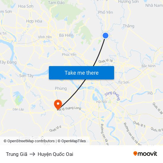 Trung Giã to Huyện Quốc Oai map