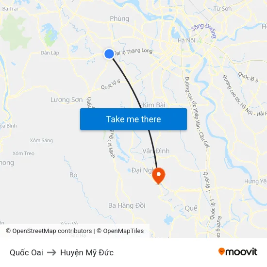 Quốc Oai to Huyện Mỹ Đức map