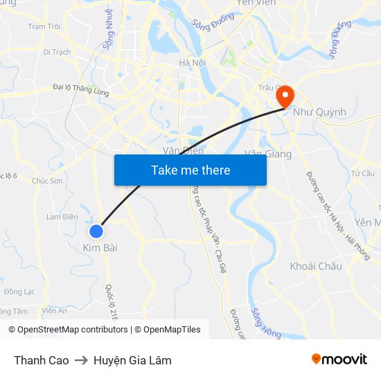 Thanh Cao to Huyện Gia Lâm map
