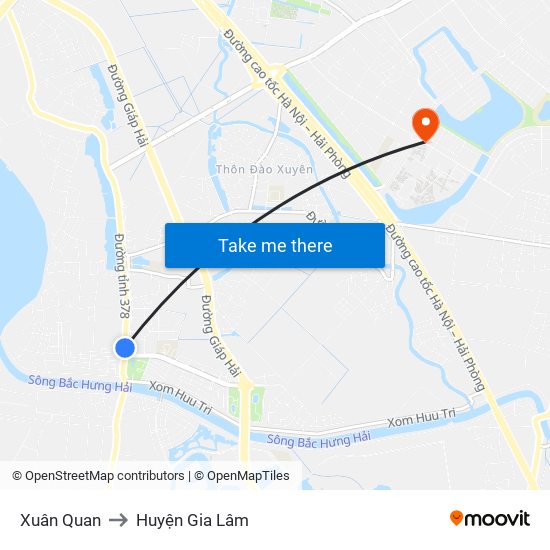 Xuân Quan to Huyện Gia Lâm map