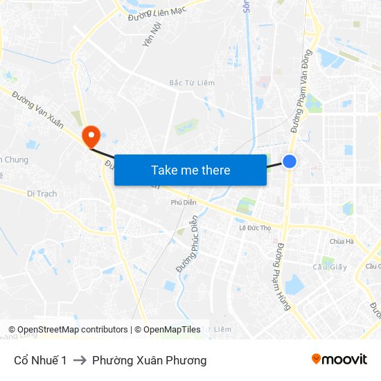 Cổ Nhuế 1 to Phường Xuân Phương map