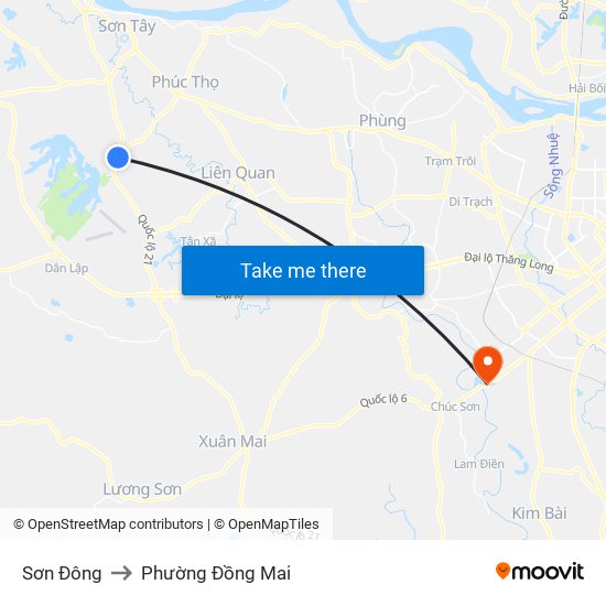 Sơn Đông to Phường Đồng Mai map