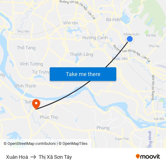 Xuân Hoà to Thị Xã Sơn Tây map