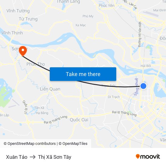 Xuân Tảo to Thị Xã Sơn Tây map