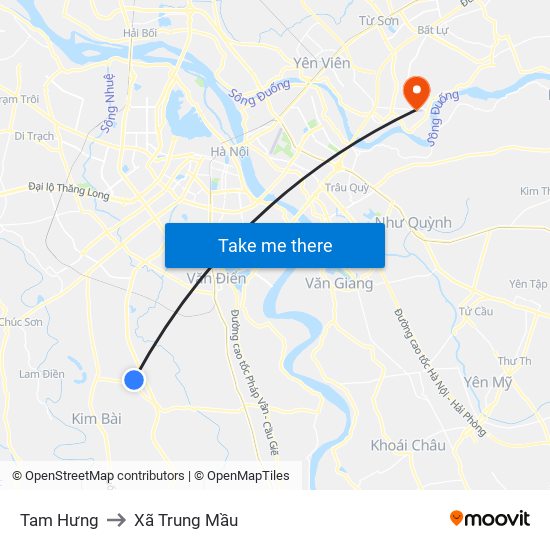 Tam Hưng to Xã Trung Mầu map