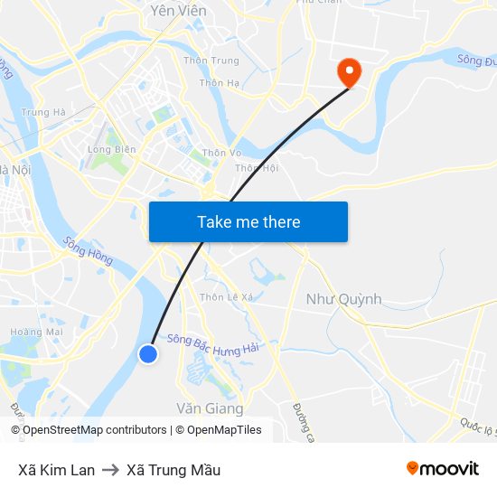 Xã Kim Lan to Xã Trung Mầu map