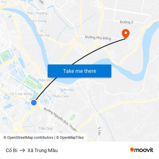 Cổ Bi to Xã Trung Mầu map