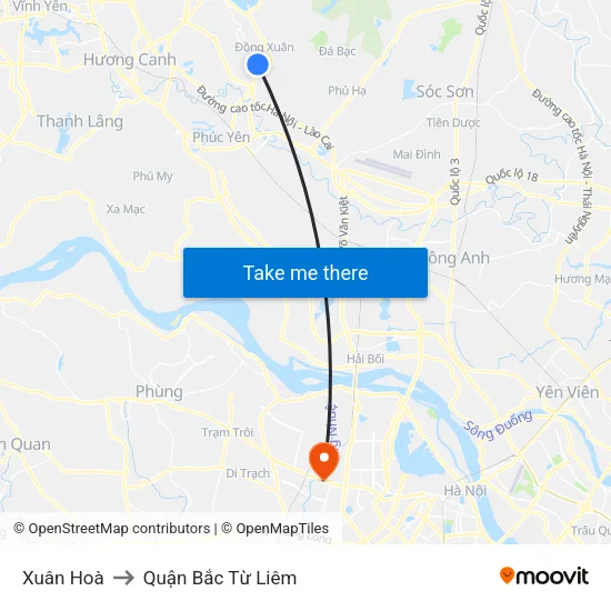 Xuân Hoà to Quận Bắc Từ Liêm map