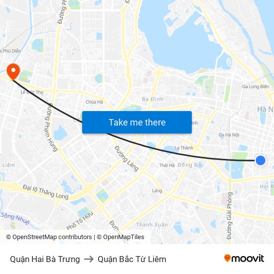 Quận Hai Bà Trưng to Quận Bắc Từ Liêm map