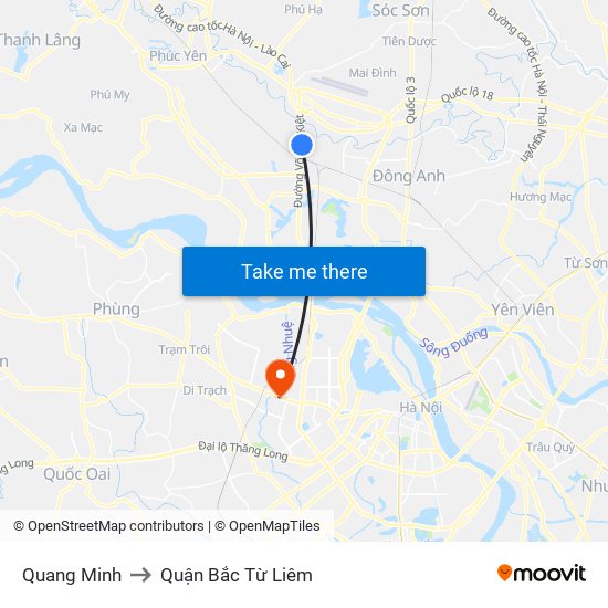 Quang Minh to Quận Bắc Từ Liêm map