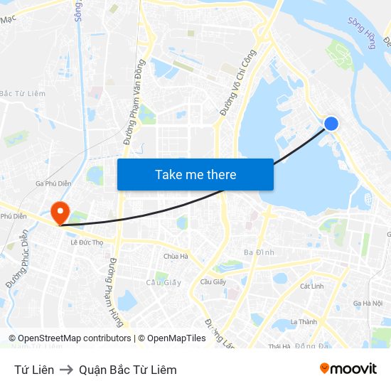 Tứ Liên to Quận Bắc Từ Liêm map