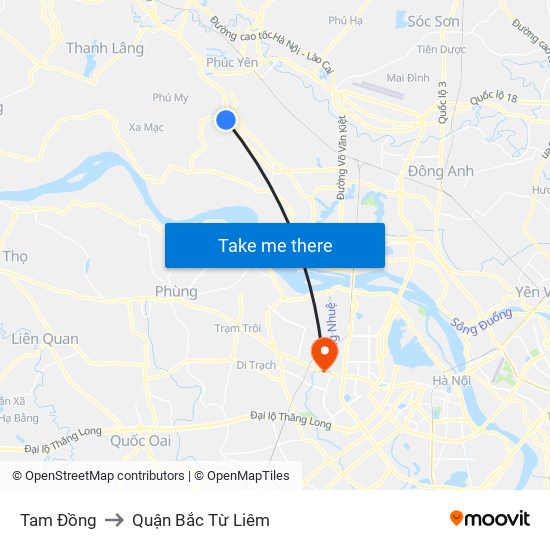 Tam Đồng to Quận Bắc Từ Liêm map