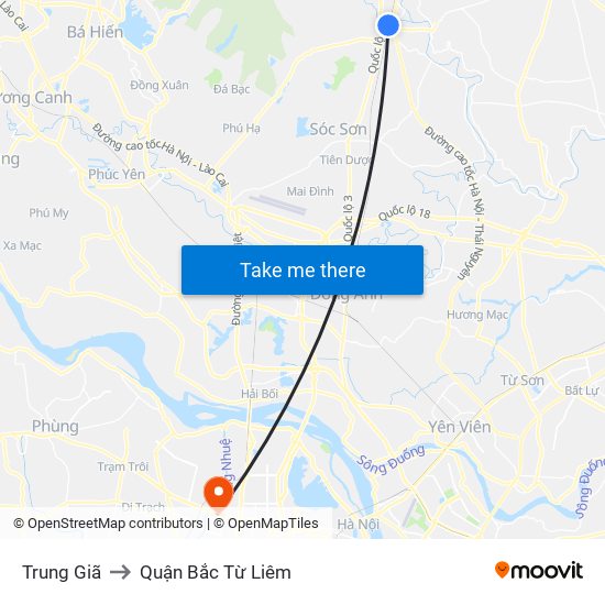 Trung Giã to Quận Bắc Từ Liêm map