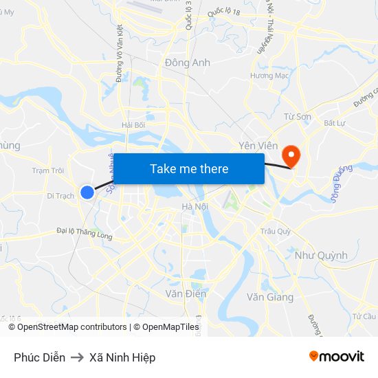 Phúc Diễn to Xã Ninh Hiệp map