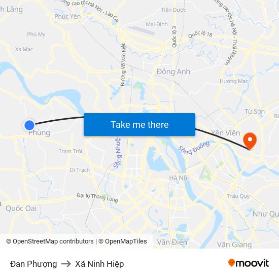 Đan Phượng to Xã Ninh Hiệp map