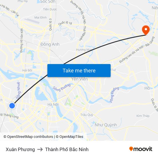 Xuân Phương to Thành Phố Bắc Ninh map