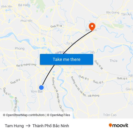 Tam Hưng to Thành Phố Bắc Ninh map