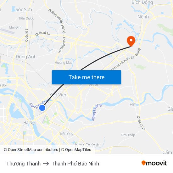 Thượng Thanh to Thành Phố Bắc Ninh map
